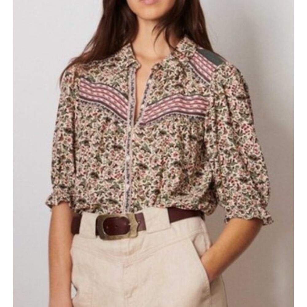 ba&sh Floral Button-Front Mel Blouse in Cream, Pink, Green